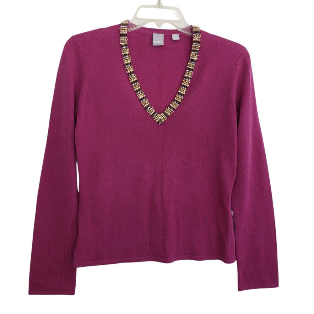 Cullen Women's 100% Cashmere V-neck Sweater, Decorative Neckline, Size Small